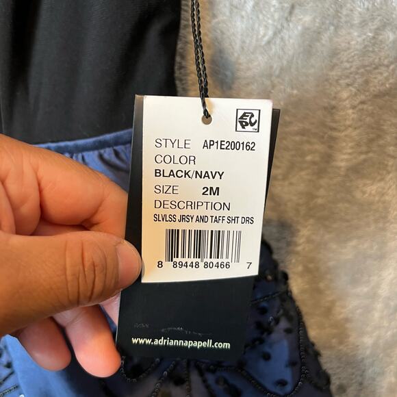 Adrianna Papell Sz 2 Jersey & Taffeta High‎ Neckline Beaded Dress Navy Black New - Picture 3 of 9